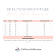 Measurement chart for Petite Adela Dresses by UK Flower Girl Boutique on a white background.