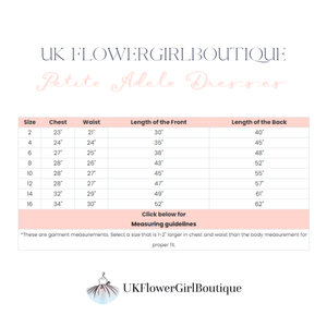 Measurement chart for Petite Adela Dresses by UK Flower Girl Boutique on a white background.