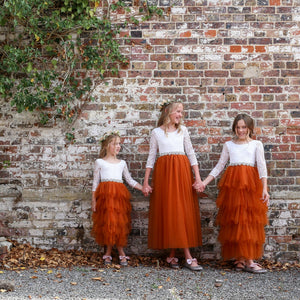 Three flower girls in matching colour dresses