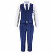 Blue checkered suit with vest and tie on a white background