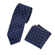 Navy blue tie with small white pattern and matching pocket square on a white background