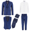Blue checkered suit with vest, pants, tie, and pocket square on a white background
