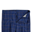 Blue plaid pants with a button on a white background