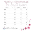 Size guide for tea length dresses by UK Flower Girl Boutique with floral elements.