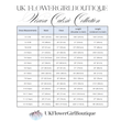 Measurement chart for dresses by UK Flower Girl Boutique with dimensions listed.