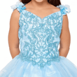 beaded bodice of a girls blue party dress