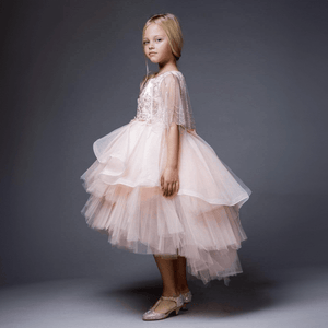 Girl wearing a blush coloured Princess Evangeline party dress