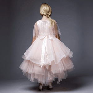 Girl wearing a blush coloured Princess Evangeline party dress