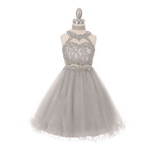 silver coloured beaded halter neck dress from uk flower girl boutique