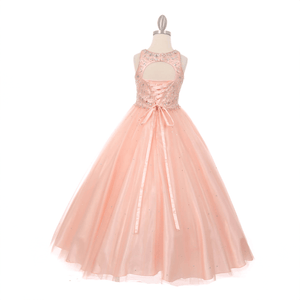 blush coloured Burgundy full length princess-style dress