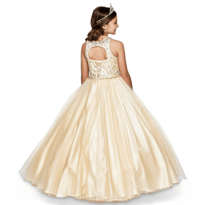 girls wearing a champagne coloured full length princess-style dress