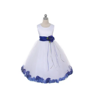 White flower girls dress with royal blue petals and sash