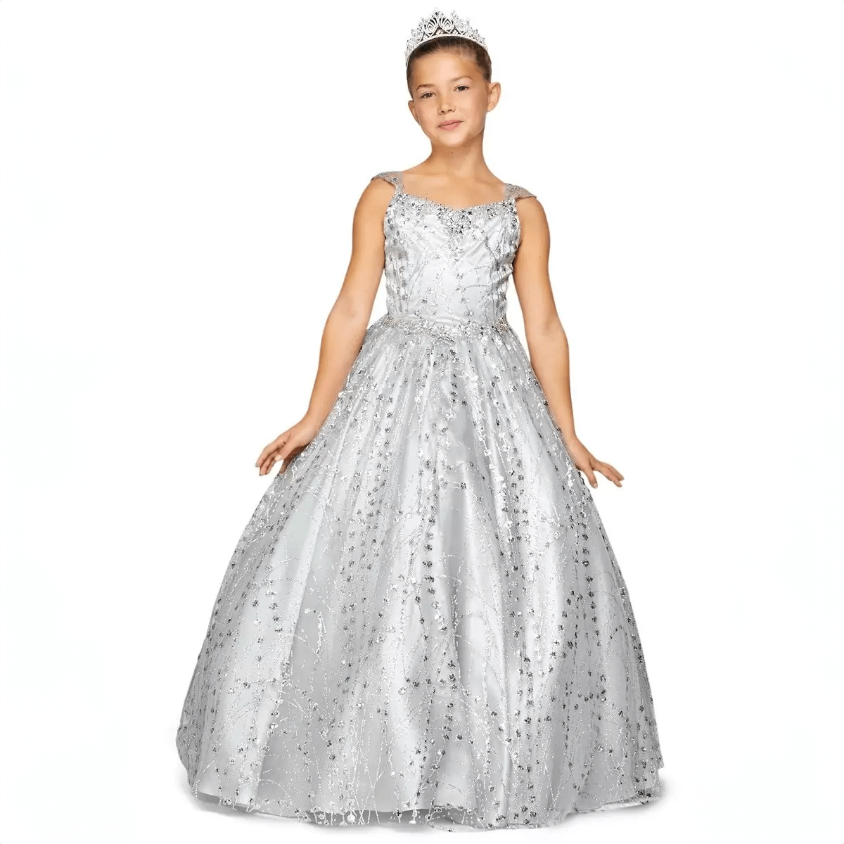 Model girl wearing a Lorena Ball Gown in silver