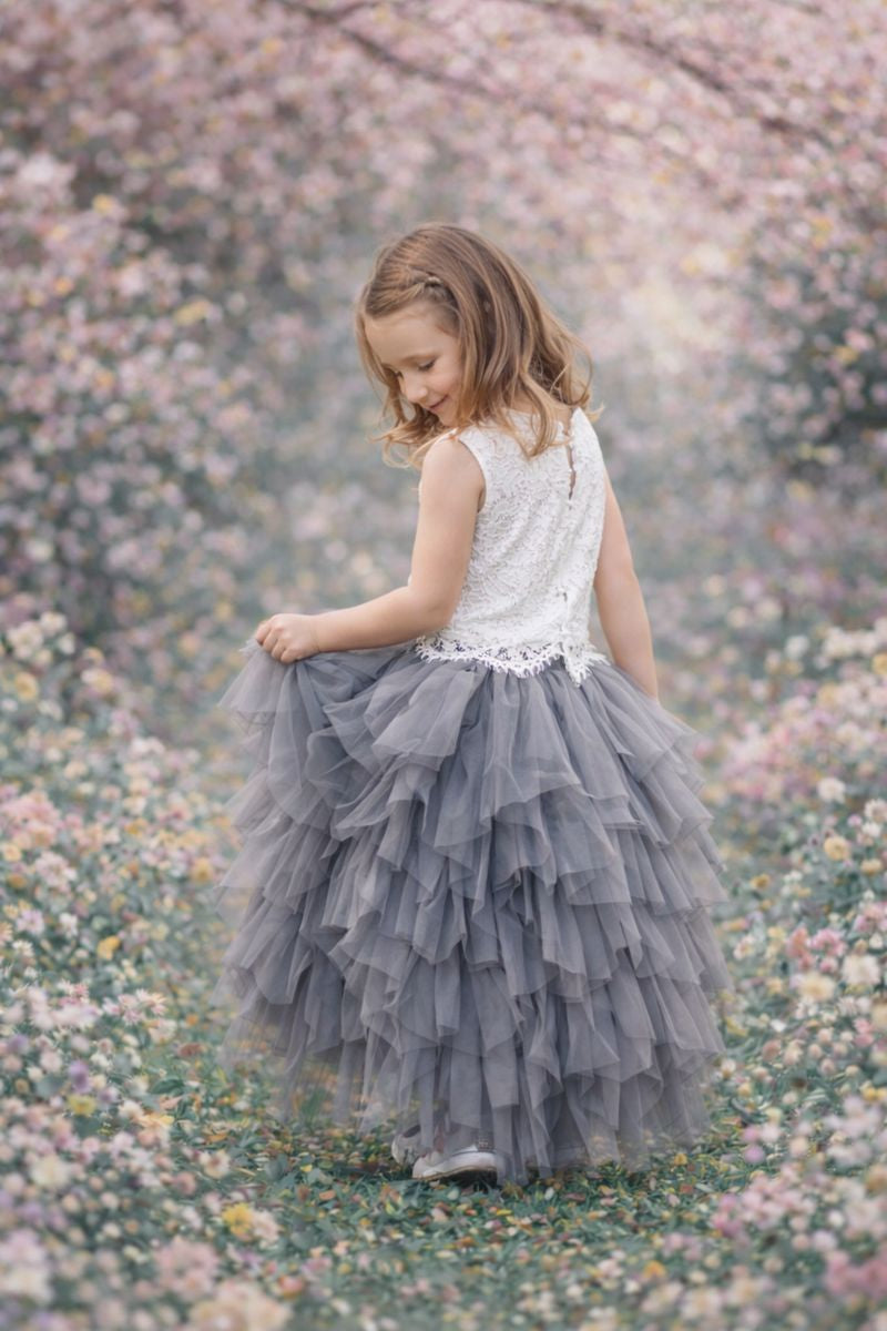 Slate Grey Lace & Tulle Flower Girl Set | Ophelia Couture UK Slate Grey Lace & Tulle Flower Girl Set | Ophelia Couture UK