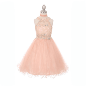 blush coloured beaded halter neck dress from uk flower girl boutique
