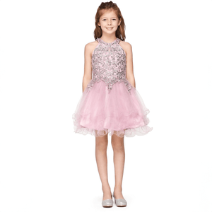 girl wearing a Clara short beaded Party Dress in mauve