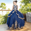 girl wearing an elegant satin blue & gold glittered Princess dress