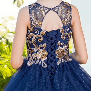 girl wearing an elegant satin blue & gold glittered Princess dress