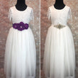 Purple and silver dress crashes on white flower girl dresses