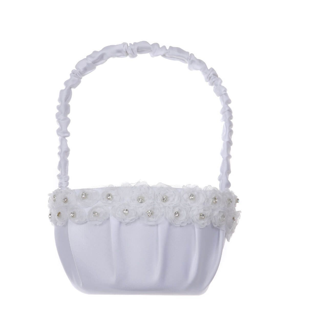 Wedding Flower Girl Basket - Embroidered Petal Satin Basket With Rose Bow (17.5x22cm)