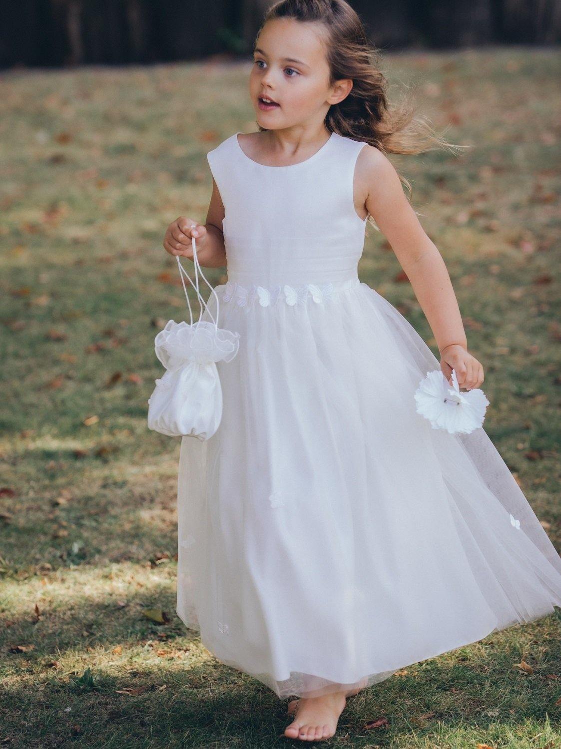 White Dress Flower Girl Dress With Rose Petals Inside Butterflies