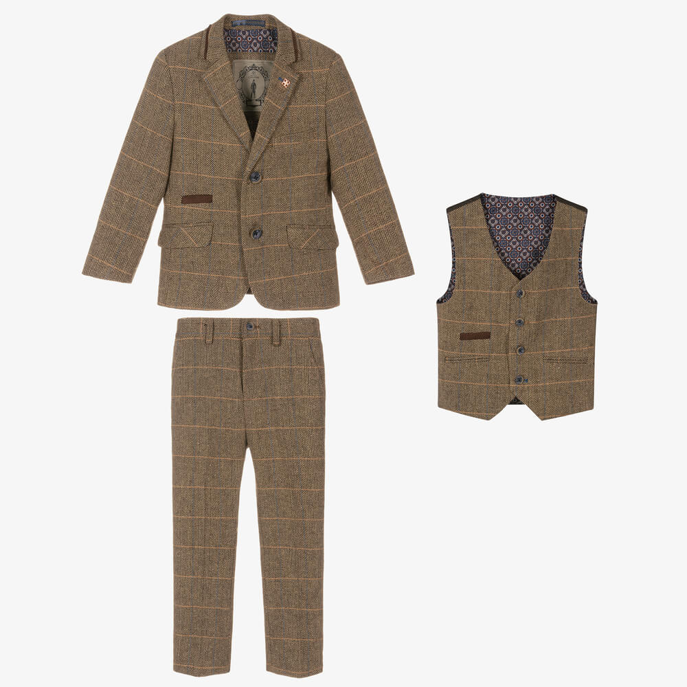 Boys Albert Suit Olive Sage Brown Tweed - Luxe Range
