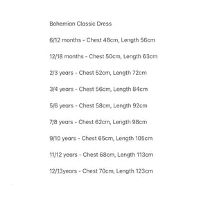 Classic Bohemian Dress Size Guide