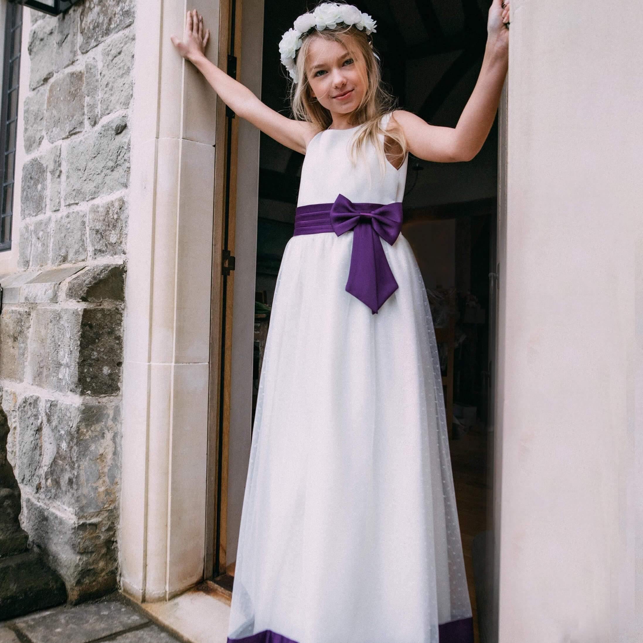 Flower girl dresses with hotsell purple sash