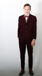 Young boy wearing beautiful burgundy suit