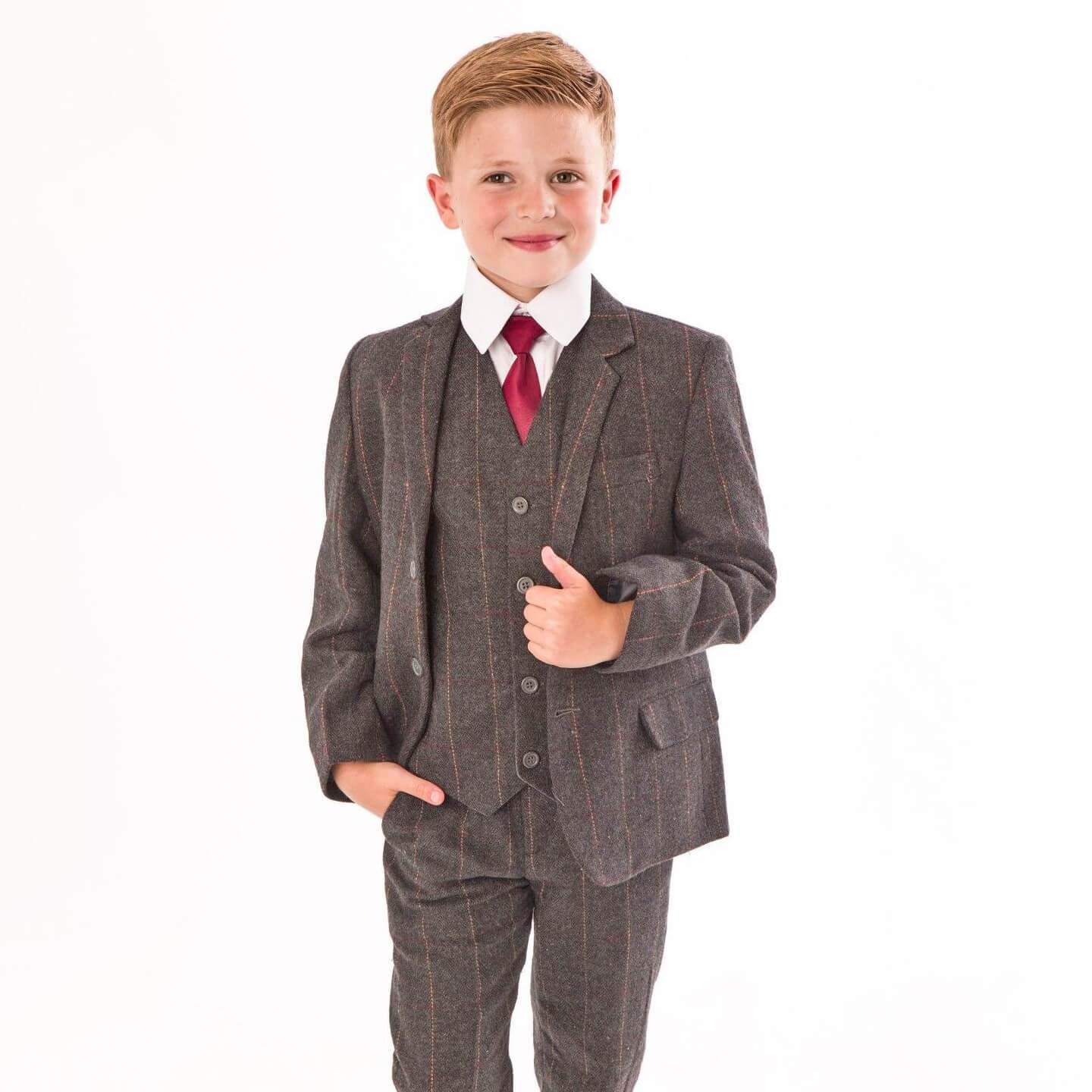 Boy wearing a Grey Tweed Check 5 Piece Suit