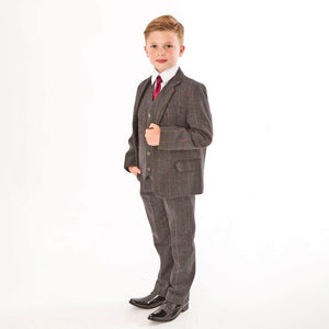 boy wearing a  Grey Tweed Check 5 Piece suit from UK Flower Girl Boutique