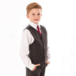 Boy wearing a grey checked waistcoat and burgundy tie
