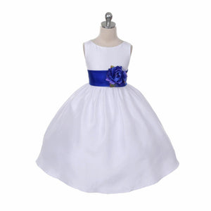Morgan dress in white with blue sash on mannequin