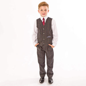 Boy modelling Grey Tweed Check 4 Piece suit