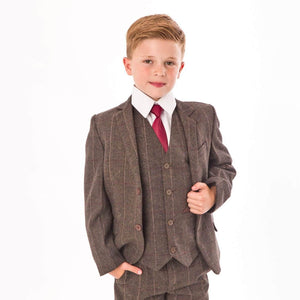 boy modelling a Brown Tweed Check 5 Piece suit
