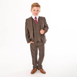 Boy Wearing Brown Tweed Check 5 Piece Suit