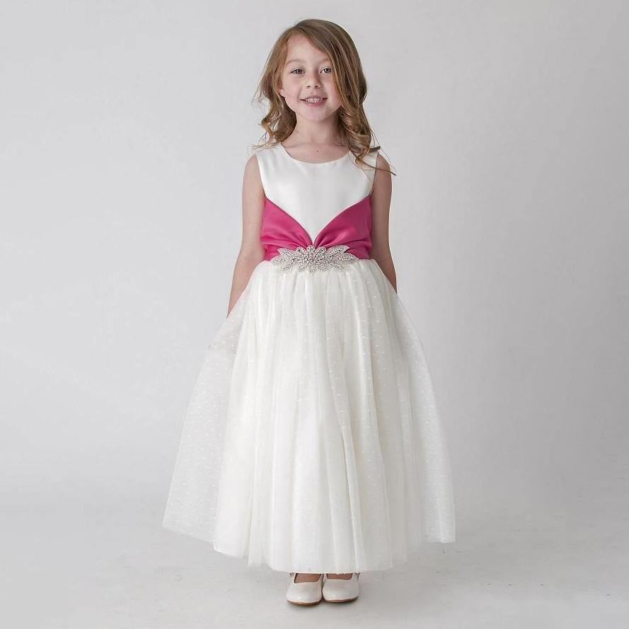 girls white party dress with jewelled waistband and pink trim