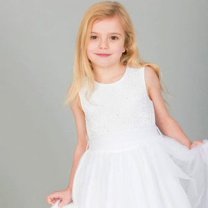 young girl wearing Isabella Flower Dress in White